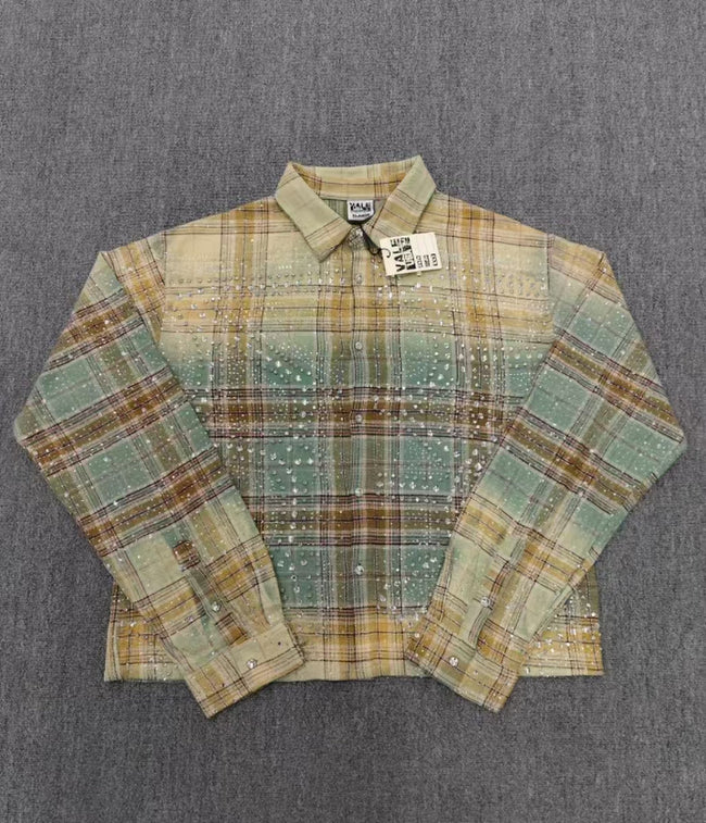 Vale Forever Plaid Rhinestone Embellished Vintage Wash Long-Sleeve Button-Up Hover Image
