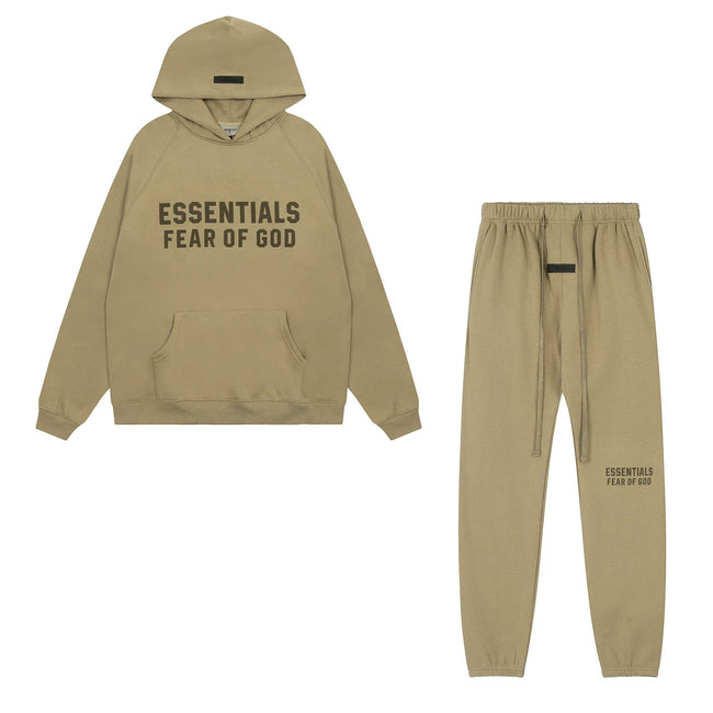 Fear Of God Essentials Double Line Plush Hoodie & Jogger Tracksuit Set Khaki Hover Image