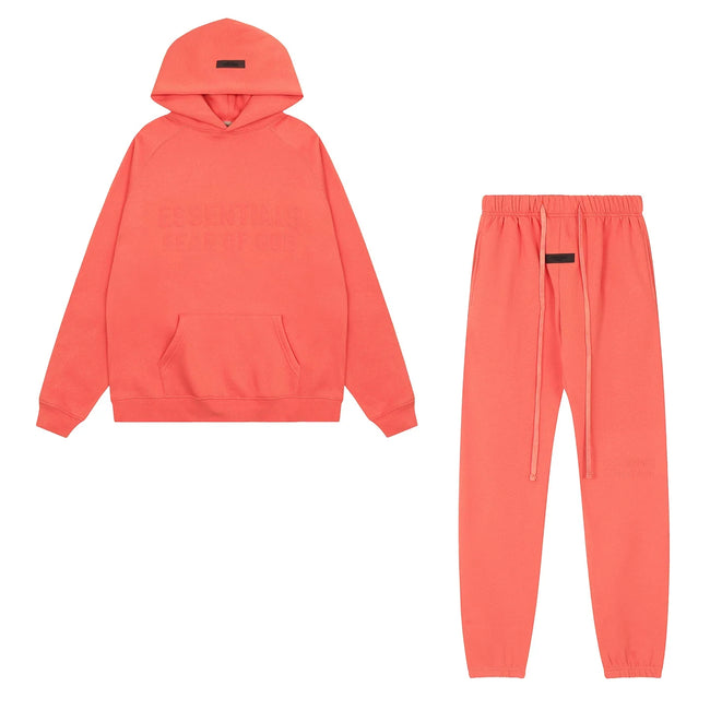 Fear Of God Essentials Double Line Plush Hoodie & Jogger Tracksuit Set Coral Orange Hover Image