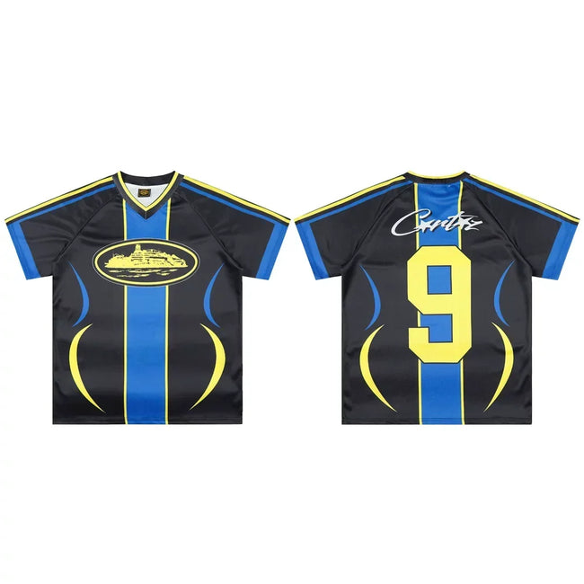 Corteiz Soccer Jersey T-Shirt - Black/Blue/Yellow Hover Image