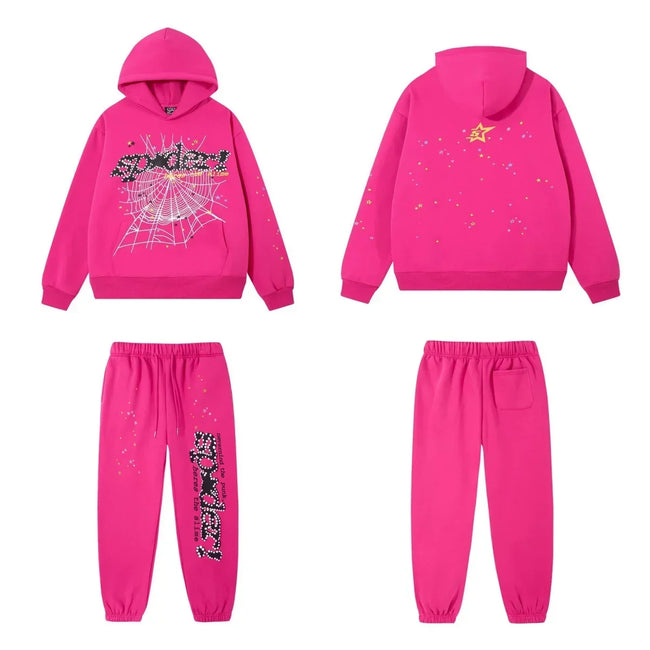 SP5DER Web Graphic Pullover Hoodie and Sweatpants Matching Set - Pink Hover Image