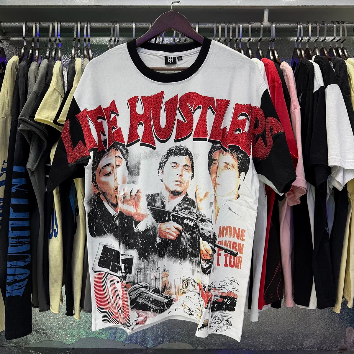 Life Hustlers Narcos Collage Contrast Tee - White/Black (Red Logo)