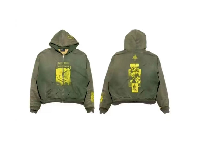 Enfants Riches Déprimés Yellow Graphic Zip-Up Hoodie - Olive Green Hover Image
