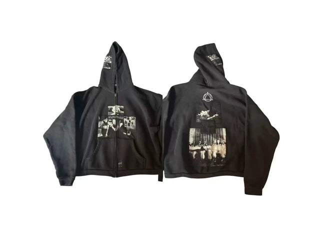 Enfants Riches Déprimés Wide Panel Photo Collage Zip-Up Hoodie - Washed Black Hover Image