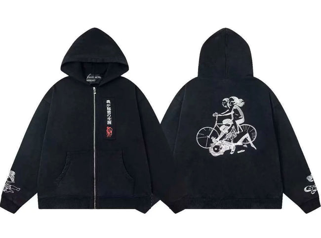 Enfants Riches Déprimés Vertical Japanese Text & Bicycle Art Zip-Up Hoodie - Black Hover Image