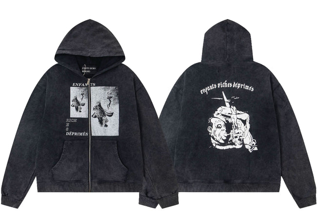 Enfants Riches Déprimés Photo Collage & Deconstructed Character Zip-Up Hoodie - Washed Black Hover Image