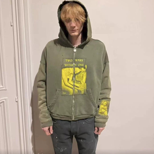 Enfants Riches Déprimés Yellow Graphic Zip-Up Hoodie - Olive Green Main Image