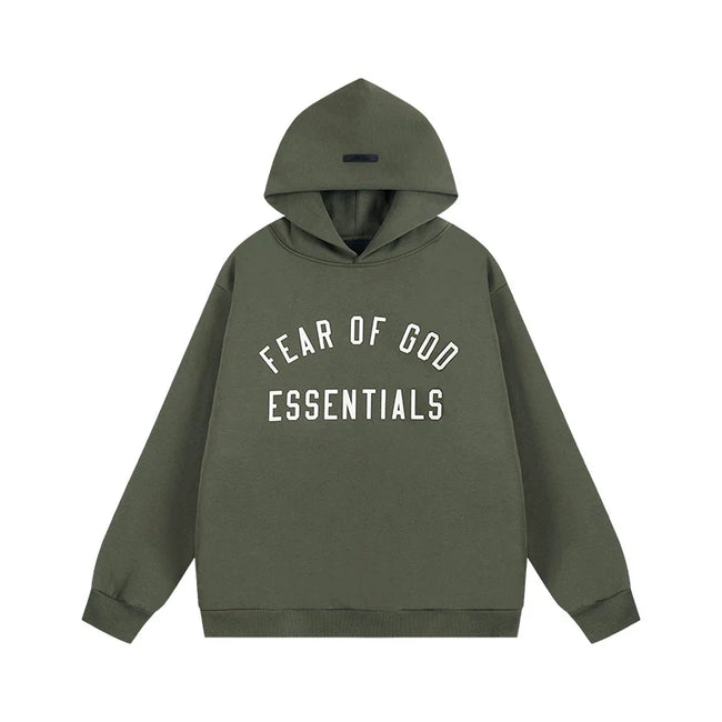 Fear Of God Essentials Vintage Letter Print Pullover Hoodie Olive Green Hover Image