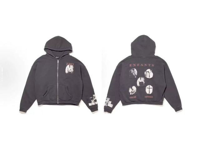 Enfants Riches Déprimés Chest Graphic & Back Photo Grid Zip-Up Hoodie - Washed Black Hover Image