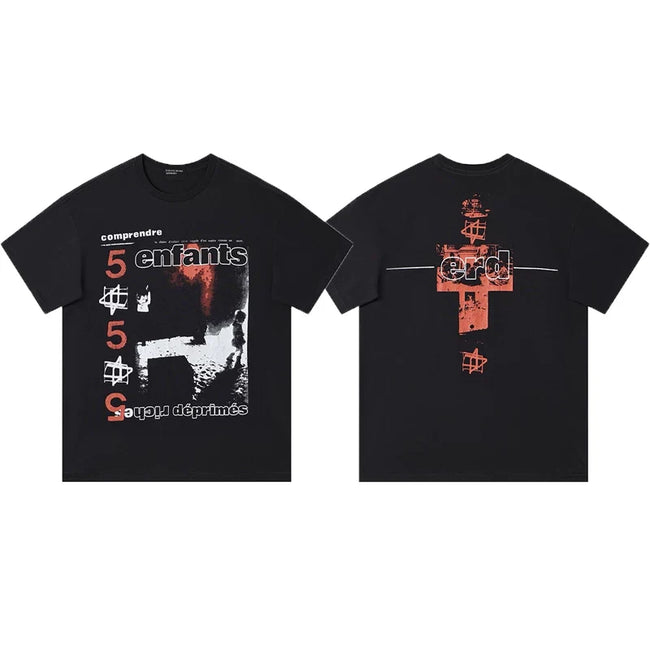 Enfants Riches Déprimés "5 Enfants" & Red Cross Back Logo T-Shirt - Black Hover Image