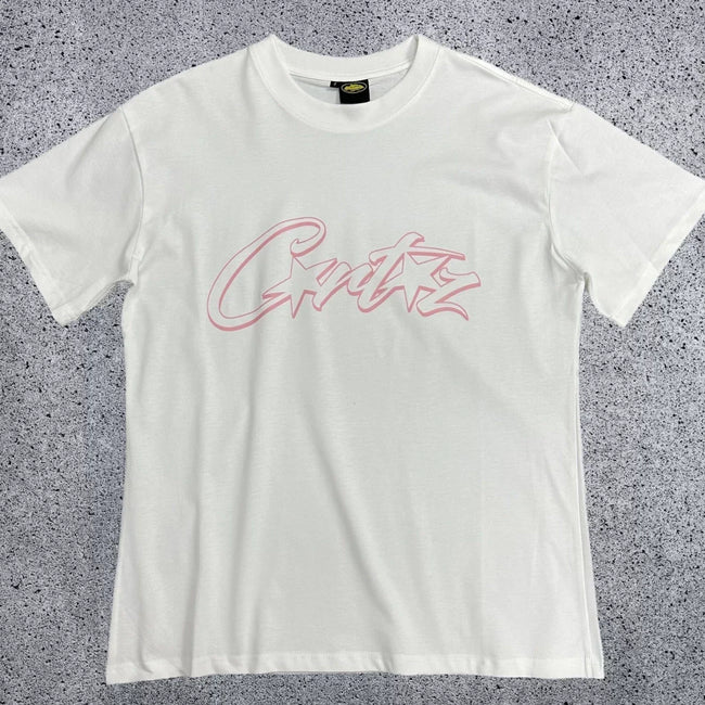 Pink Accent Star-Logo Graphic Tee - White & Pink Streetwear T-Shirt Hover Image
