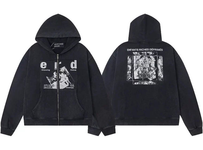 Enfants Riches Déprimés "e-r-d" Logo & Box Print Zip-Up Hoodie - Washed Black Hover Image