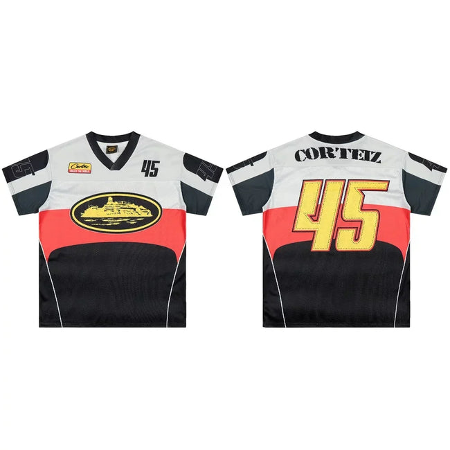 Corteiz Number 45 Athletic Jersey T-Shirt - Grey/Black/Red/Yellow Hover Image