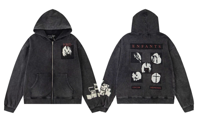 Enfants Riches Déprimés Multi-Panel Photo Zip-Up Hoodie - Washed Black Hover Image