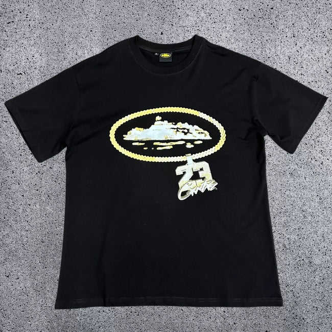 Corteiz Gold Chain & "23" Pendant Logo T-Shirt - Black Streetwear Tee Hover Image