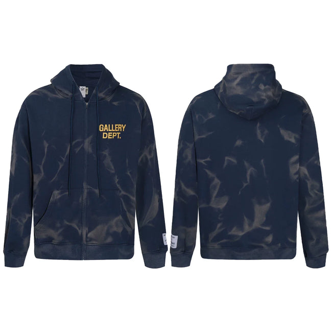 Gallery Dept. "Water Ripple" Zip Hoodie – Navy Blue Tie-Dye, Gold Logo Hover Image