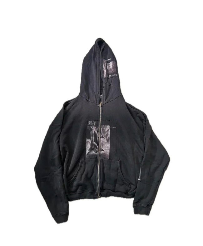 Enfants Riches Déprimés Hood Emblem & Chest Graphic Zip-Up Hoodie - Washed Black Hover Image