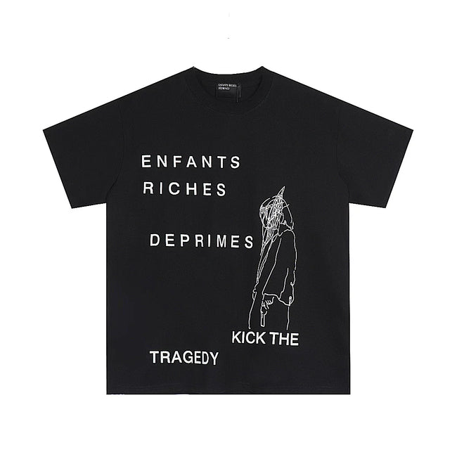 Enfants Riches Déprimés "Kick The Tragedy" Stacked Typography T-Shirt - Black Hover Image