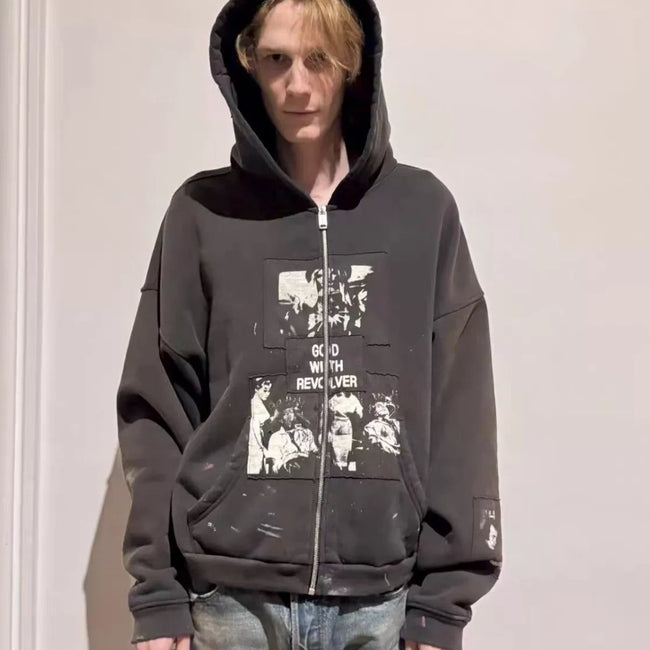 Enfants Riches Déprimés Photo Block & Red Accent Zip-Up Hoodie - Washed Black Main Image